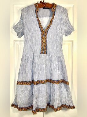 La Plage Blue & White Stripe Cotton Gauze Tiered Dress XL (fits S-M best)